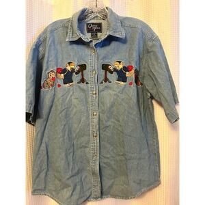 VTG 90s Quizz Again Valentine's Day Bears Mailbox Denim Button Up Womens Shirt M